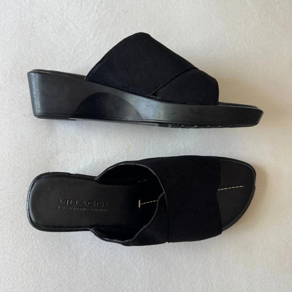 Liz Claiborne Black Wedge Sandals Size 7.5 Fabric Crossover Chunky Slide 90s Y2K